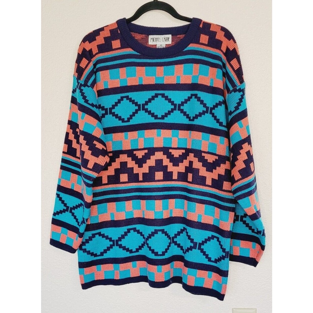Michael Carrie Womens Vintage Oversized Geometric‎ Print Knit Sweater. Size M